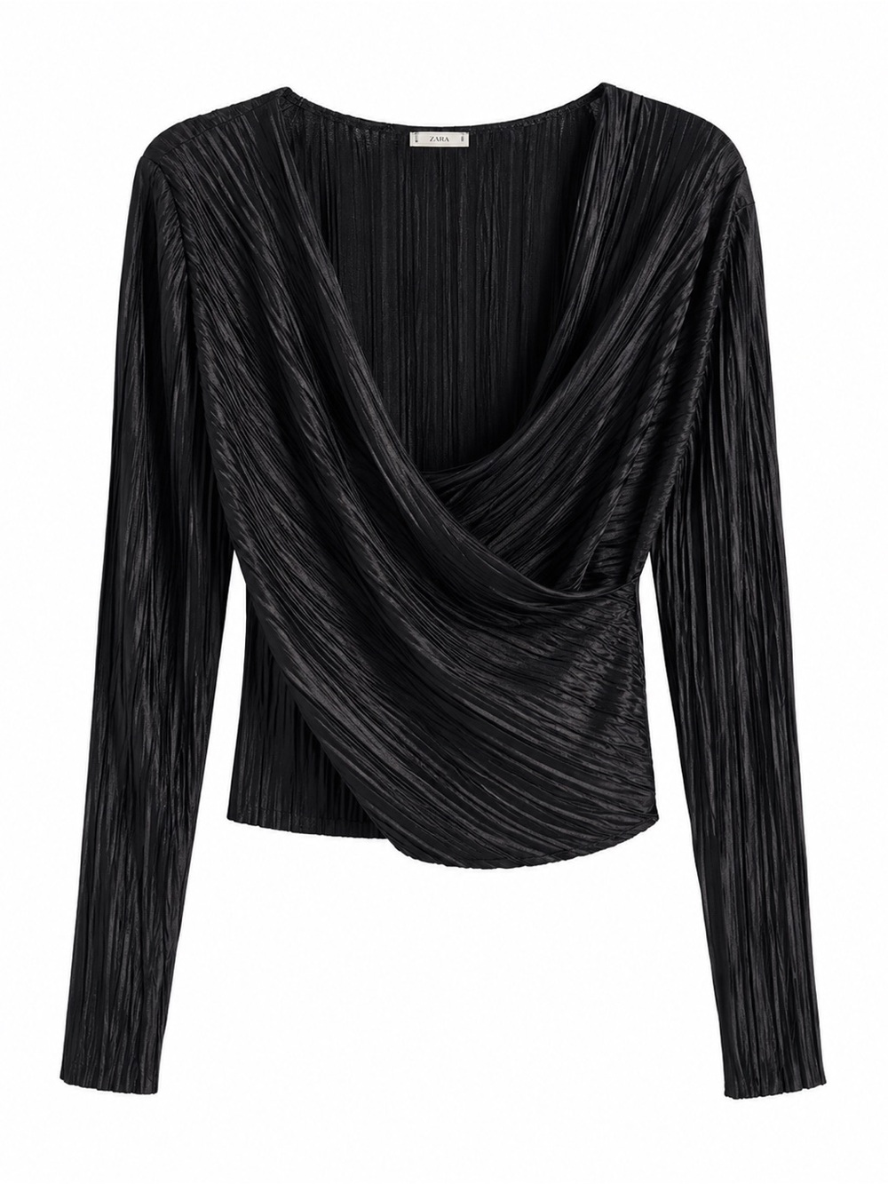Zara Black Plissé Pleated Long Sleeve Wrap V-Neck Top Size M